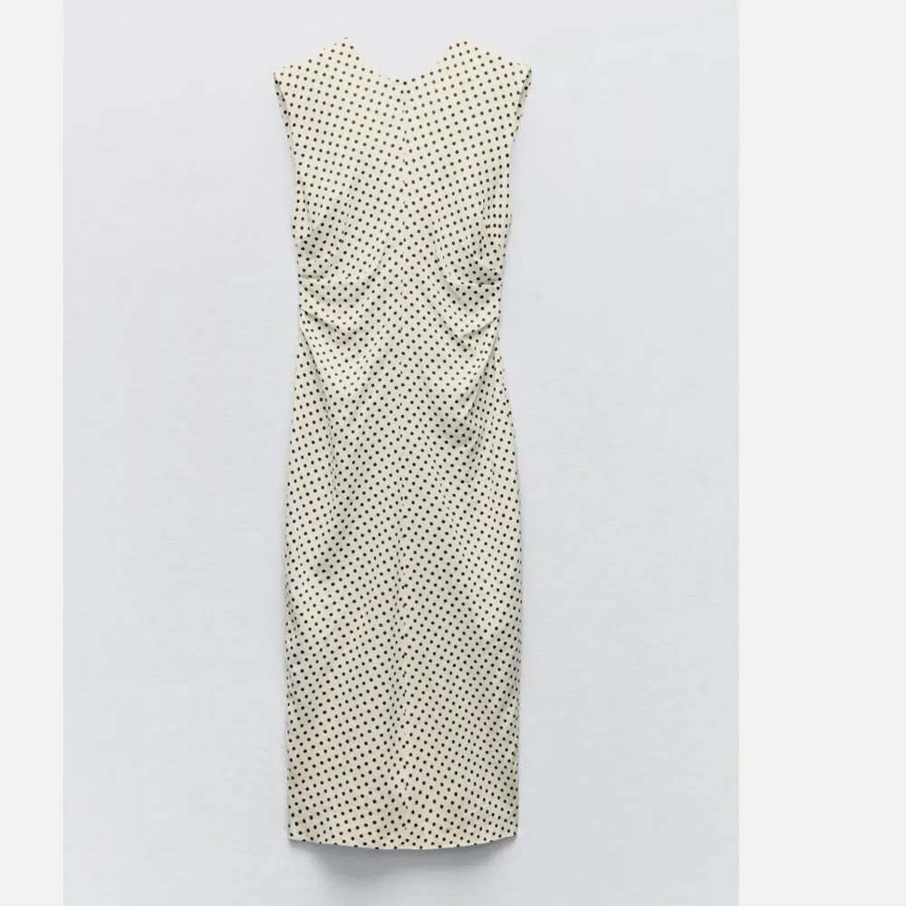 Zara Women Linen Blend Polka Dot Midi Dress Beige/Ecru Size M NEW WITH TAG! - Picture 3 of 7